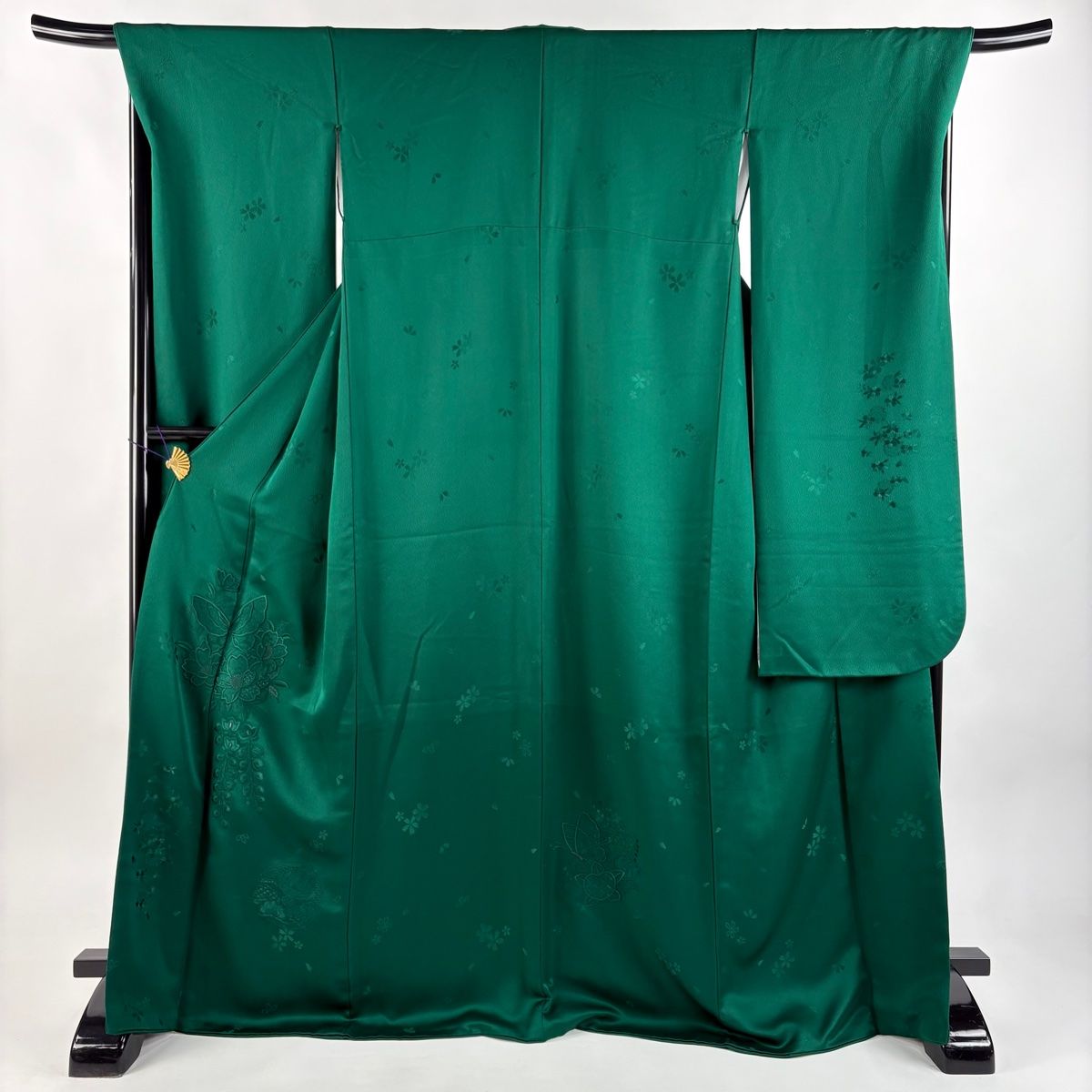 振袖 身丈170.5cm 裄丈68.5cm L 袷 蝶 草花 刺繍 金糸 緑 正絹