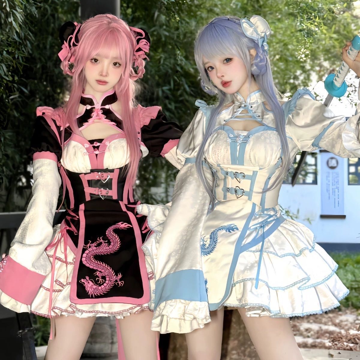 中華風 Lolita連衣裙 旗袍改良 スイート＆スパイシー 中華娘風 豪華刺繍入り ドラゴンモチーフ 甘辛デザイン 長袖ワンピース ピンク×ブラック スカート付き コスプレ衣装 特別イベント用 高品質 レディース