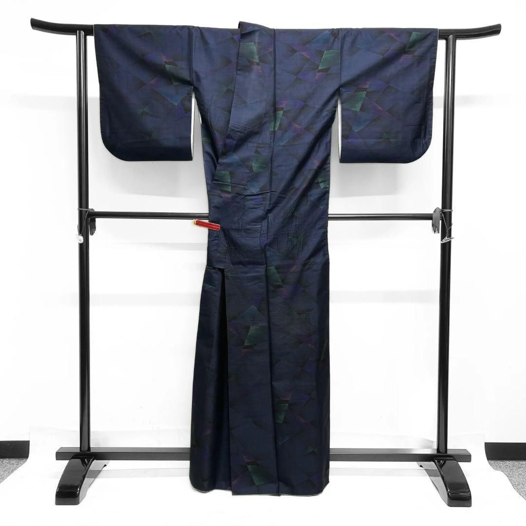 小紋 大島紬 裂取り 幾何学 ブルー グリーン パープル 着物 023a