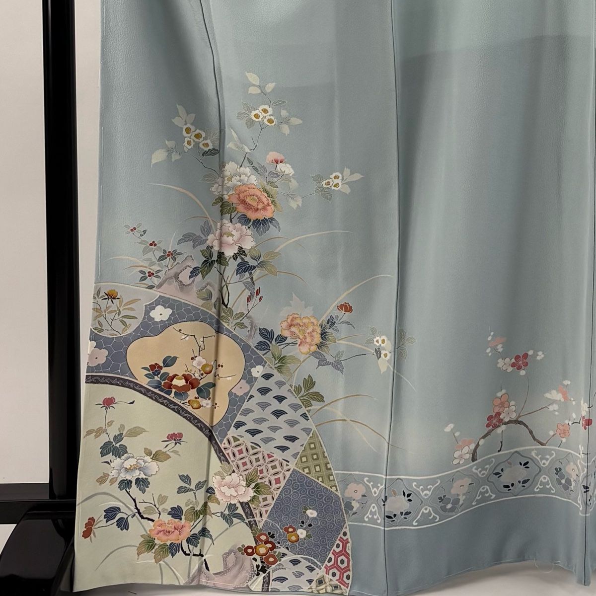 訪問着 身丈167.5cm 裄丈67.5cm L 袷 牡丹 椿 金彩 水色 正絹 秀品