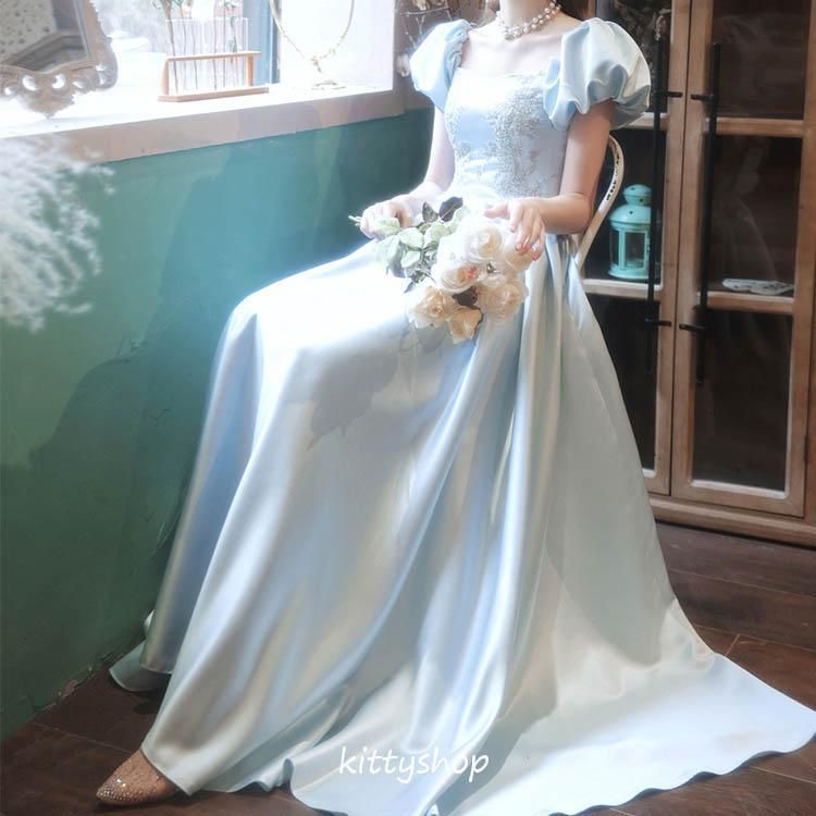 イブニングドレス ブルー 水色 サテン ドレス 結婚式ドレス