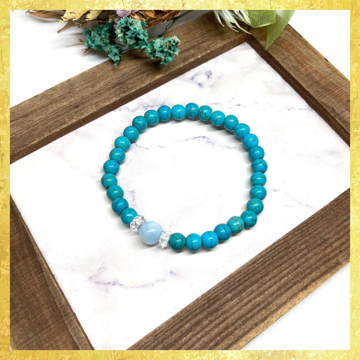 アクアマリン -ターコイズ ブレスレット パワーストーン 8mm×6mm メンズ レディース 男性 女性 お守り ハンドメイド