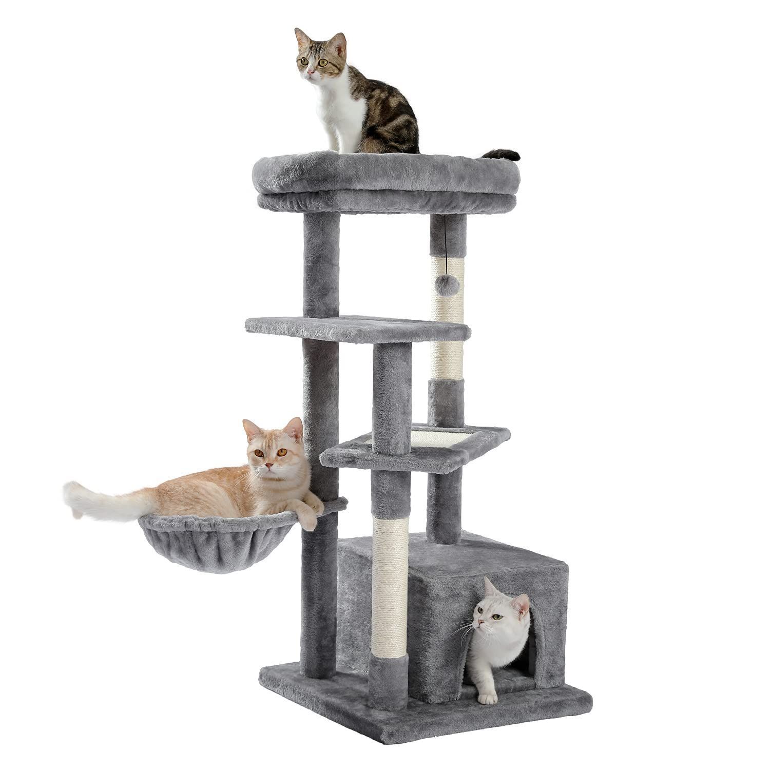 PAWZ Road キャットタワー 据え置き スリム 大型猫 省スペース コンパクト 爪とぎ おしゃれ 猫タワー おもちゃ ハウス 遊び場 人気 麻紐 キャットハウス ハンモック ステップ 高さ112cm グレー