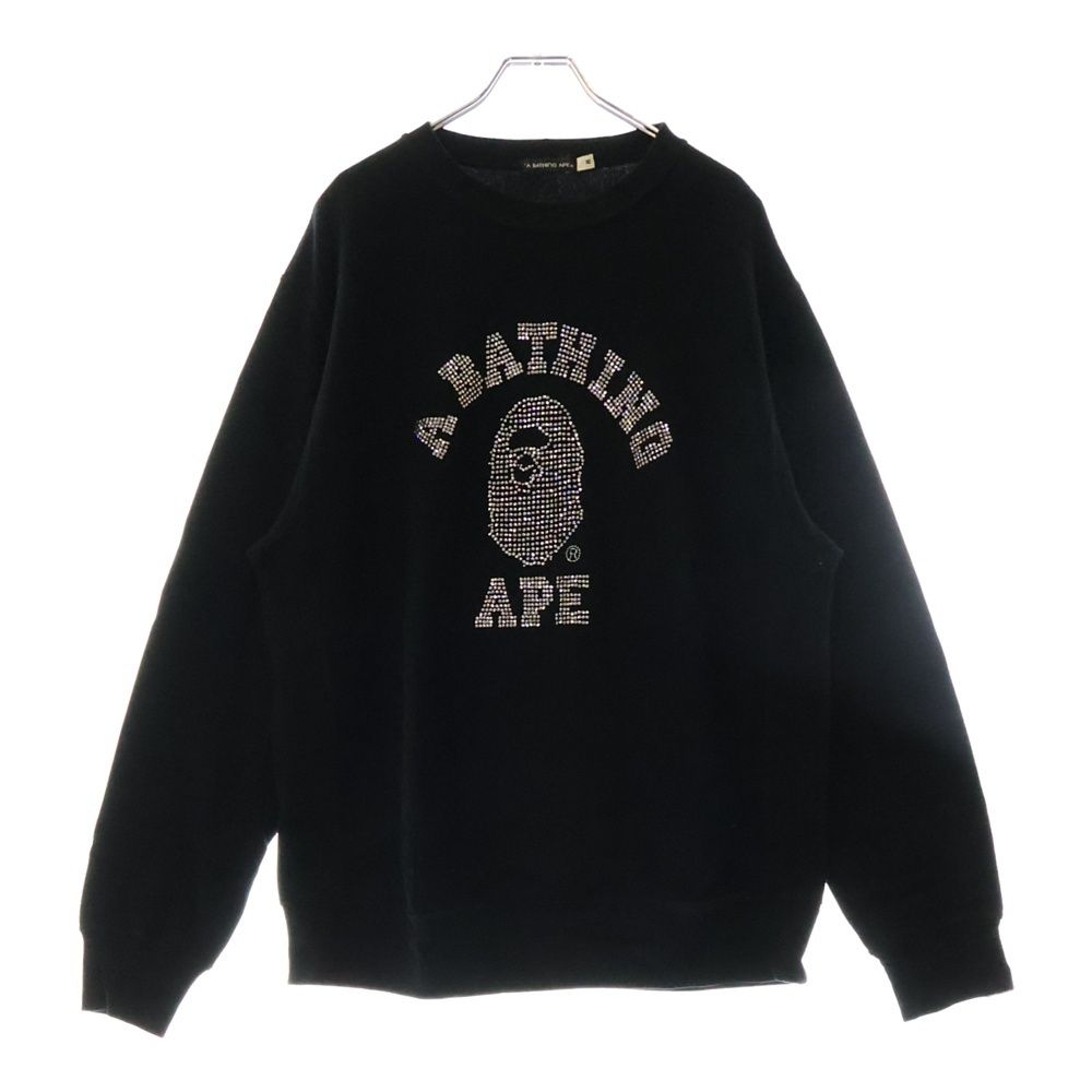 A BATHING APE アベイシングエイプ ラインストーン モンキーロゴプリント クルーネックスウェットシャツ ブラック