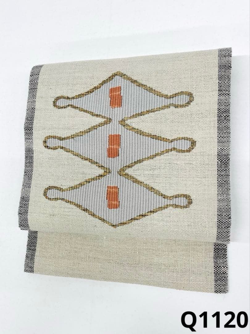 紬八寸名古屋帯 幾何学模様 工芸的 正絹 Q1120