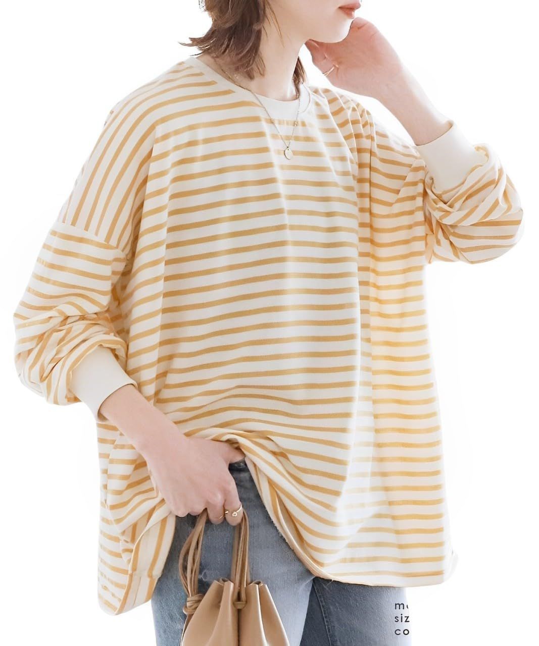 薄手 秋 春 着痩せ シャツ ボーダー 無地 体型カバー トレーナー スウェット ドロップショルダー プルオーバー レディース Tシャツ ロング 長袖 トップス おしゃれ ゆったり leaf] [Four