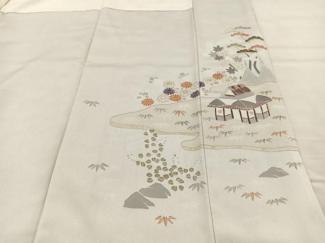 【高級訪問着】駒刺繍　松竹梅渡り橋風景花文　暈し染　金彩　正絹　逸品✨No.57 高級訪問着】駒刺繍 松竹梅渡り橋風景花文 暈し染 金彩 正絹