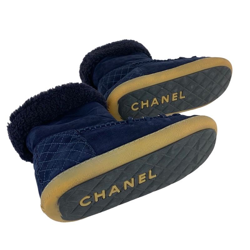 シャネル CHANEL ブーツ ショートブーツ 靴 シューズ スエード ムートン ネイビー ゴールド ムートンブーツ ココマーク チェーン ボア