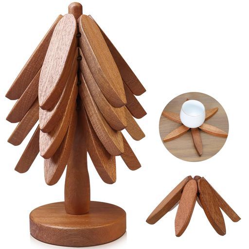 木製クリスマスツリー型鍋敷き4個セット?折りたたみ式ホットポットテーブルプロテクター?エレガントなホリデーキッチンデコレーション(サペリウッド-4個)