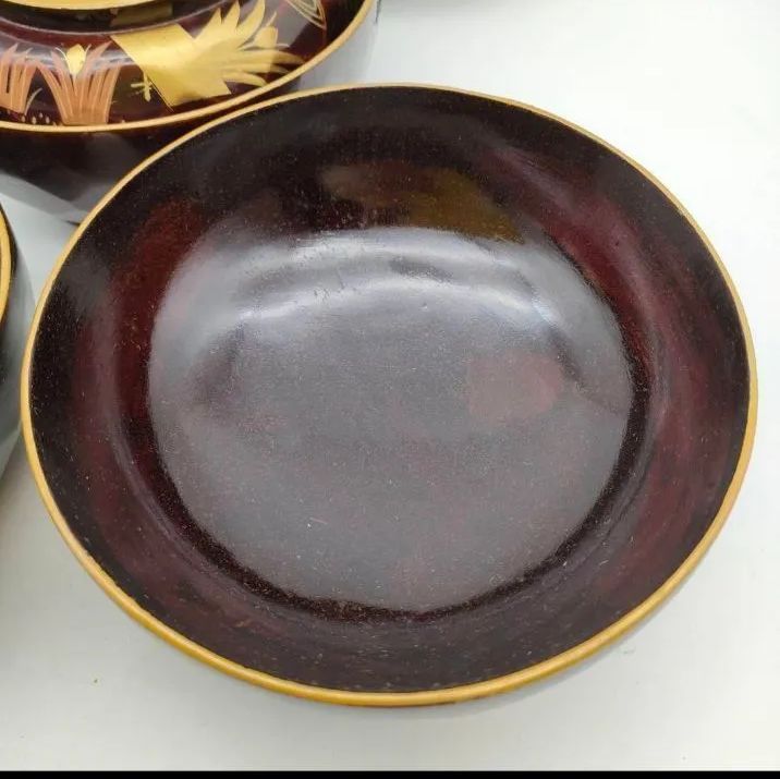 輪島塗 菖蒲 八橋図 蓋付椀 金蒔絵 縁金 溜塗 亀甲 明治時代