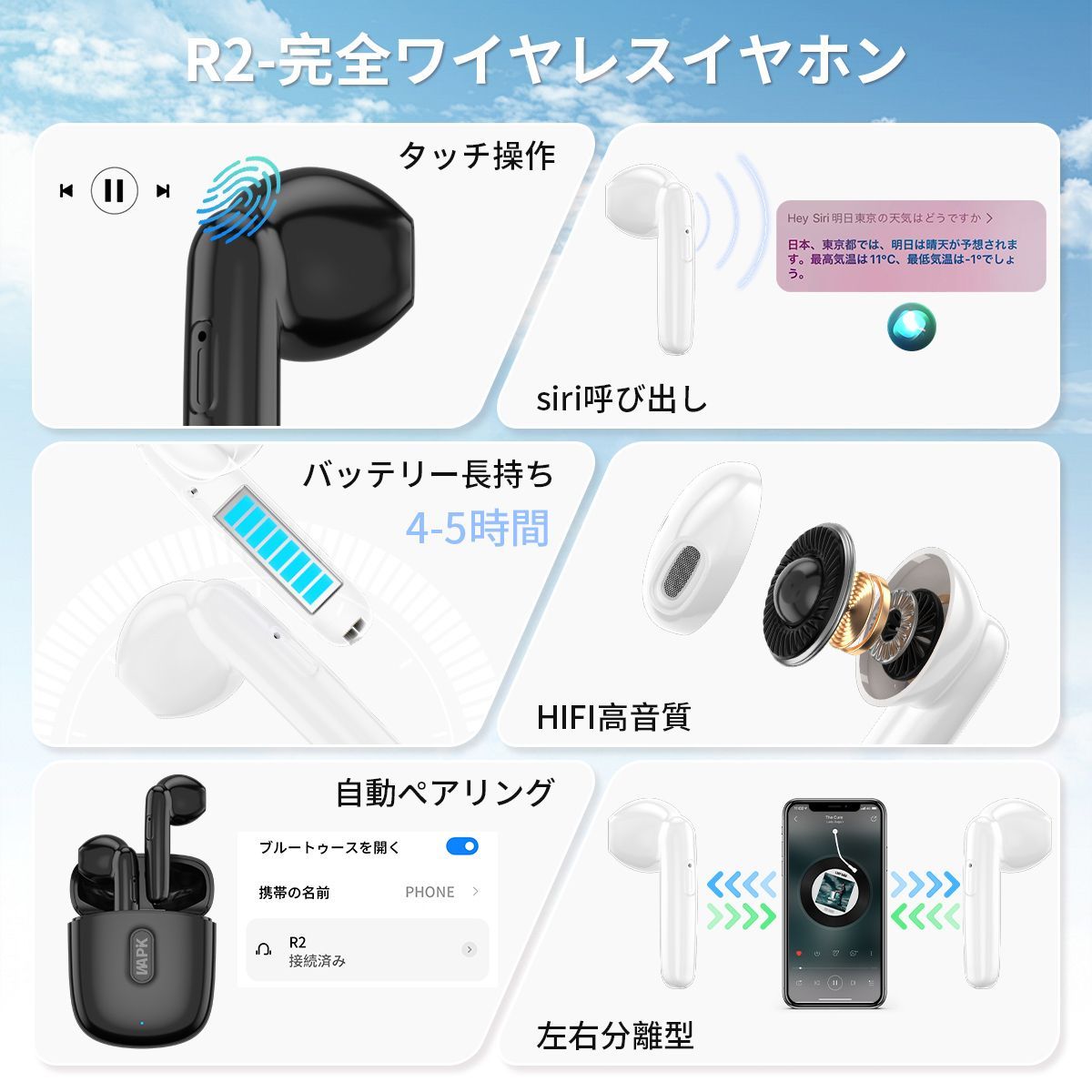 R2 完全ワイヤレスイヤホン Bluetooth 5.4 黒　高級 R2 完全ワイヤレスイヤホン Bluetooth 5.4 大容量バッテリー 長