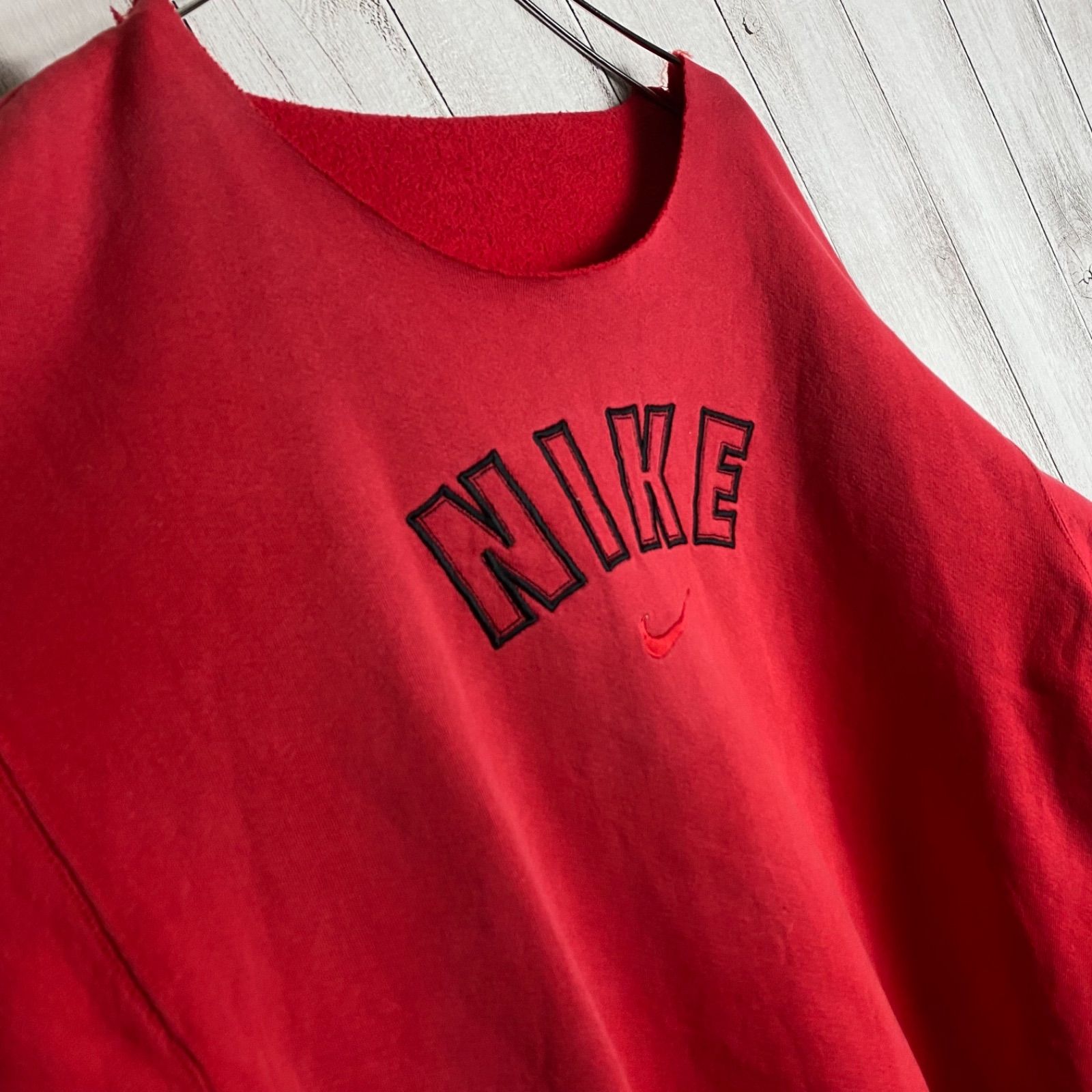 NIKE 激レア 裏起毛 90s 襟カットオフ加工 ワイド ロゴ刺繍 スウェット 