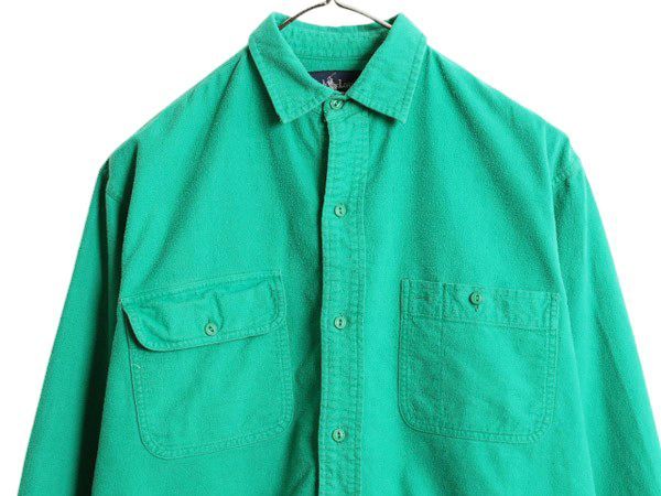 90s ラルフローレン コットン シャモア クロス シャツ レディース L 程/ 古着 90年代 オールド ポロ ネルシャツ 長袖シャツ ポニー無し 緑 Ralph Lauren - 90s ラルフローレン コットン シャモア クロス シャツ