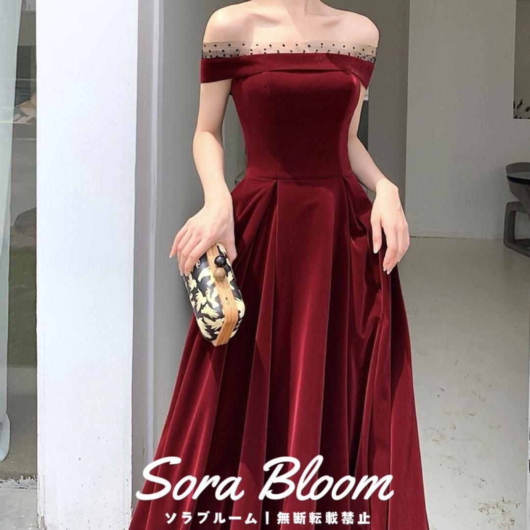 ドットのレースがオシャレ オフショル ロングイブニングドレス 新品・未使用】ドットのレースがオシャレ オフショル ロング