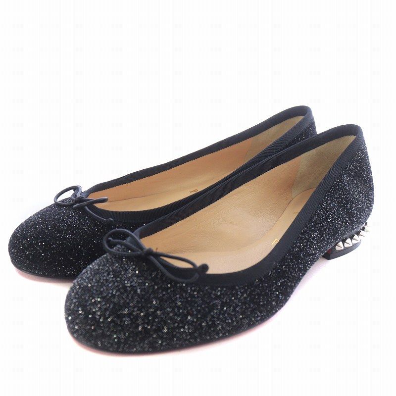 クリスチャンルブタン Christian louboutin LA MASSINE FLAT バレエシューズ パンプス ラウンドトゥ ローヒール  スパイク スタッズ ラメ グリッター リボン レザー 35.5 22.5cm 黒 ブラック /AQ ■GY18