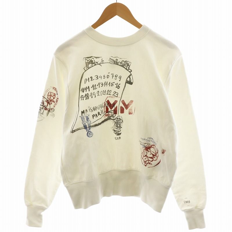 メゾンマルジェラ 10 Maison Margiela 10 21SS スウェット トレーナー 長袖 ロゴ ダメージ加工 46 S 白 ホワイト /AN39
