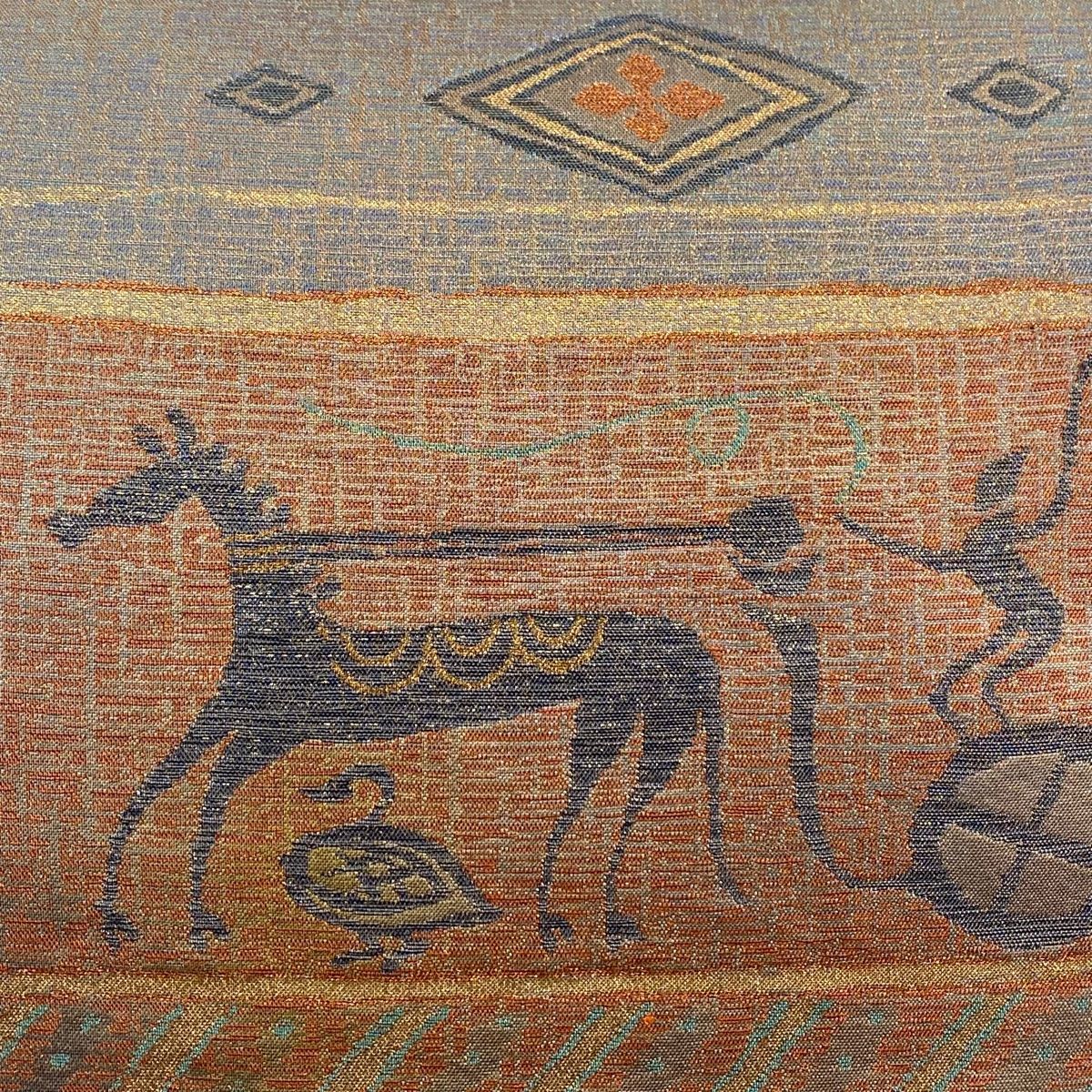 袋帯 秀品 人馬 菱 箔 青灰色 六通 正絹