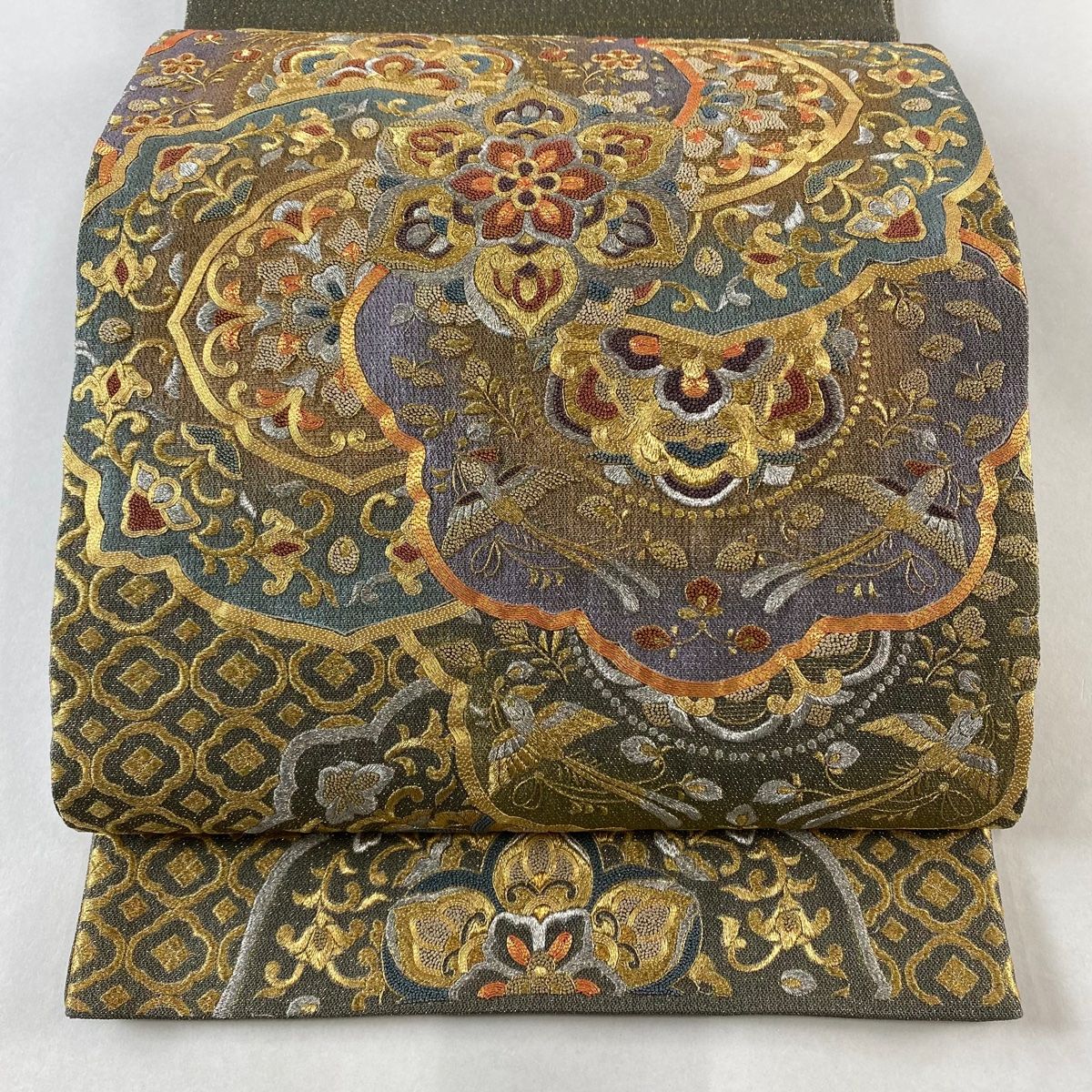袋帯 華文 花鳥 金銀糸 刺繍 灰茶 お太鼓柄 正絹