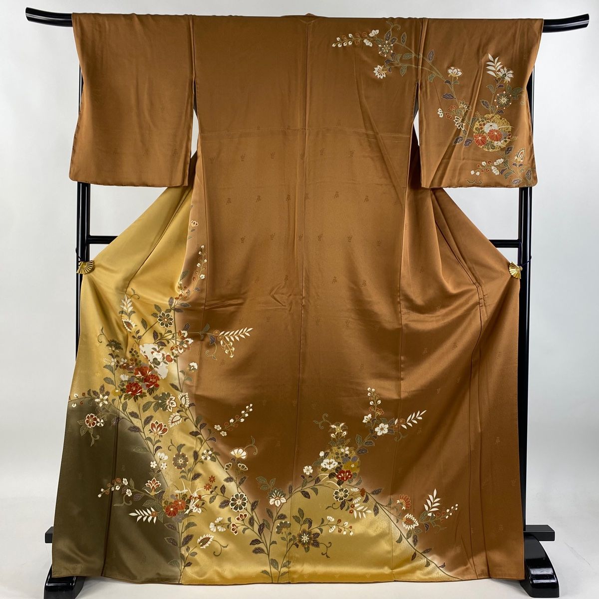 訪問着 身丈174cm 裄丈69cm L 袷 草花 雪輪 金彩 染め分け 山吹色 正絹 秀品