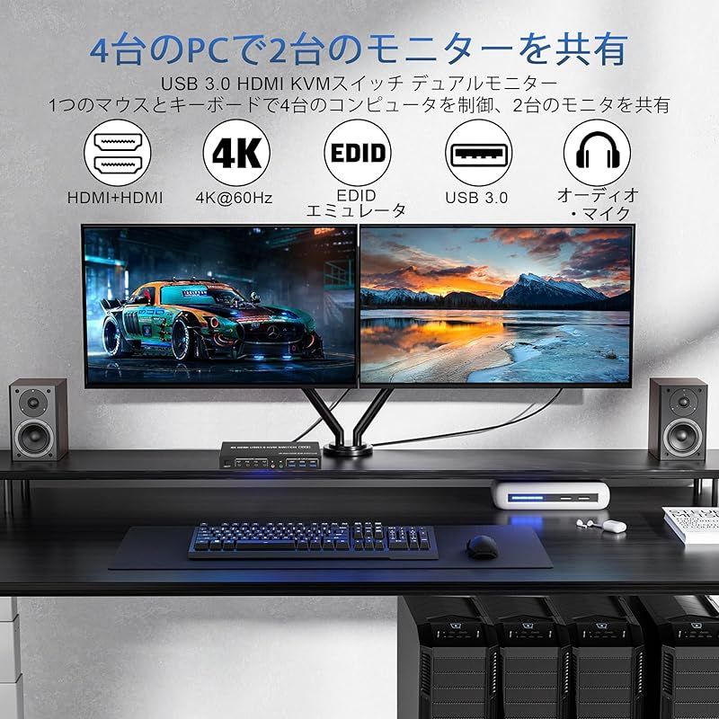 デュアルモニタースイッチ オーディオ出力と3つのUSB