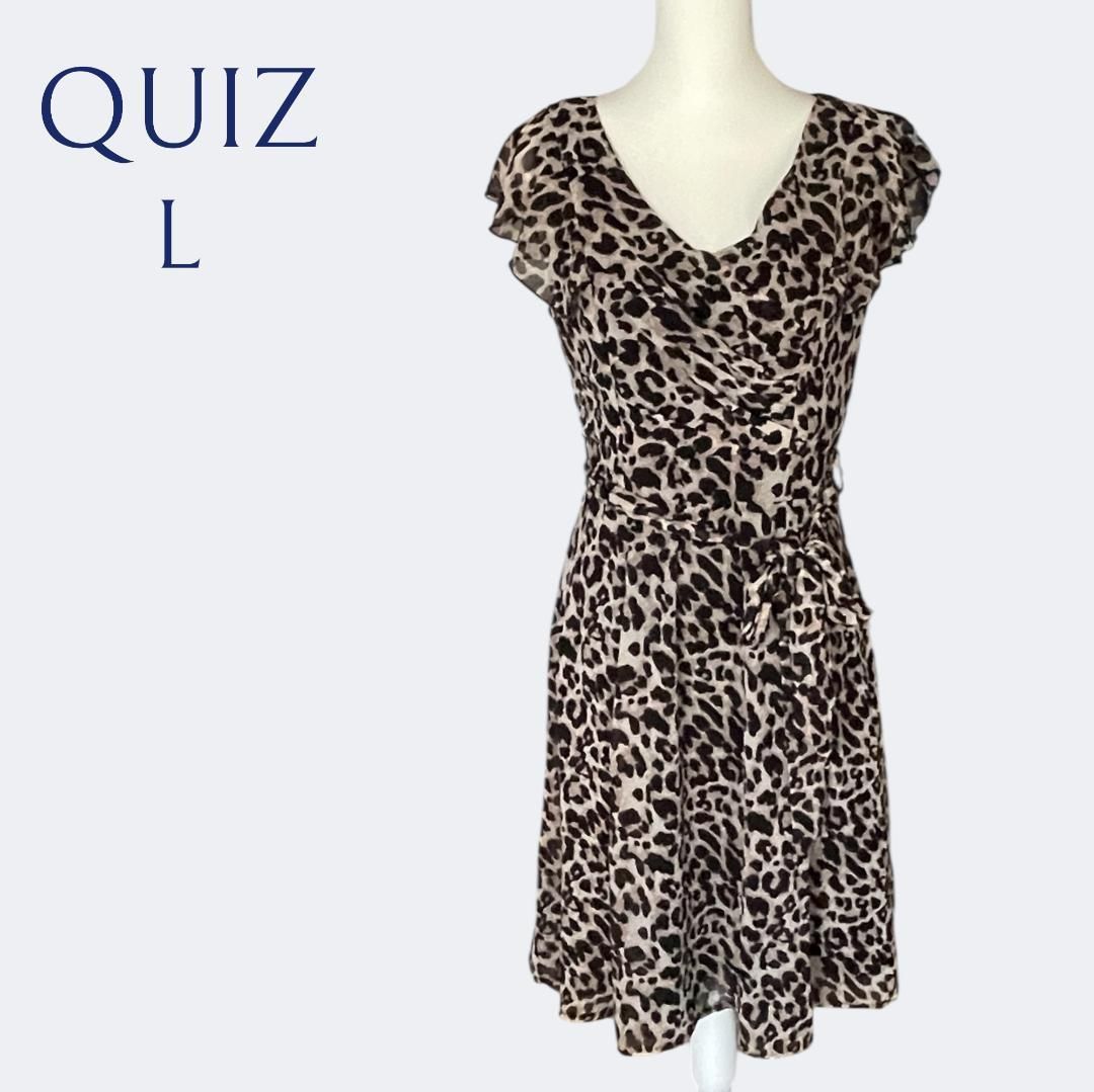 QUIZクイズ 秋冬レオパード柄ブラウンアニマル カシュクールフ ワンピースL