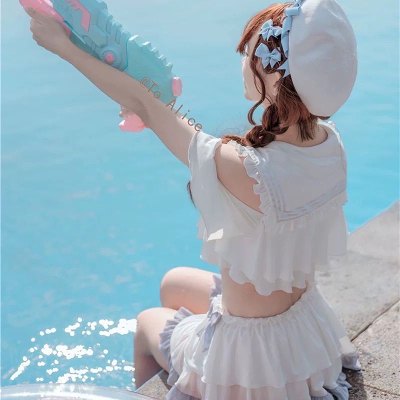 「新品未使用」 セーラーフリルビキニ Sサイズ 水色 セーラー 水着 セットアップ風 フリル リボン ビキニ ガーリー