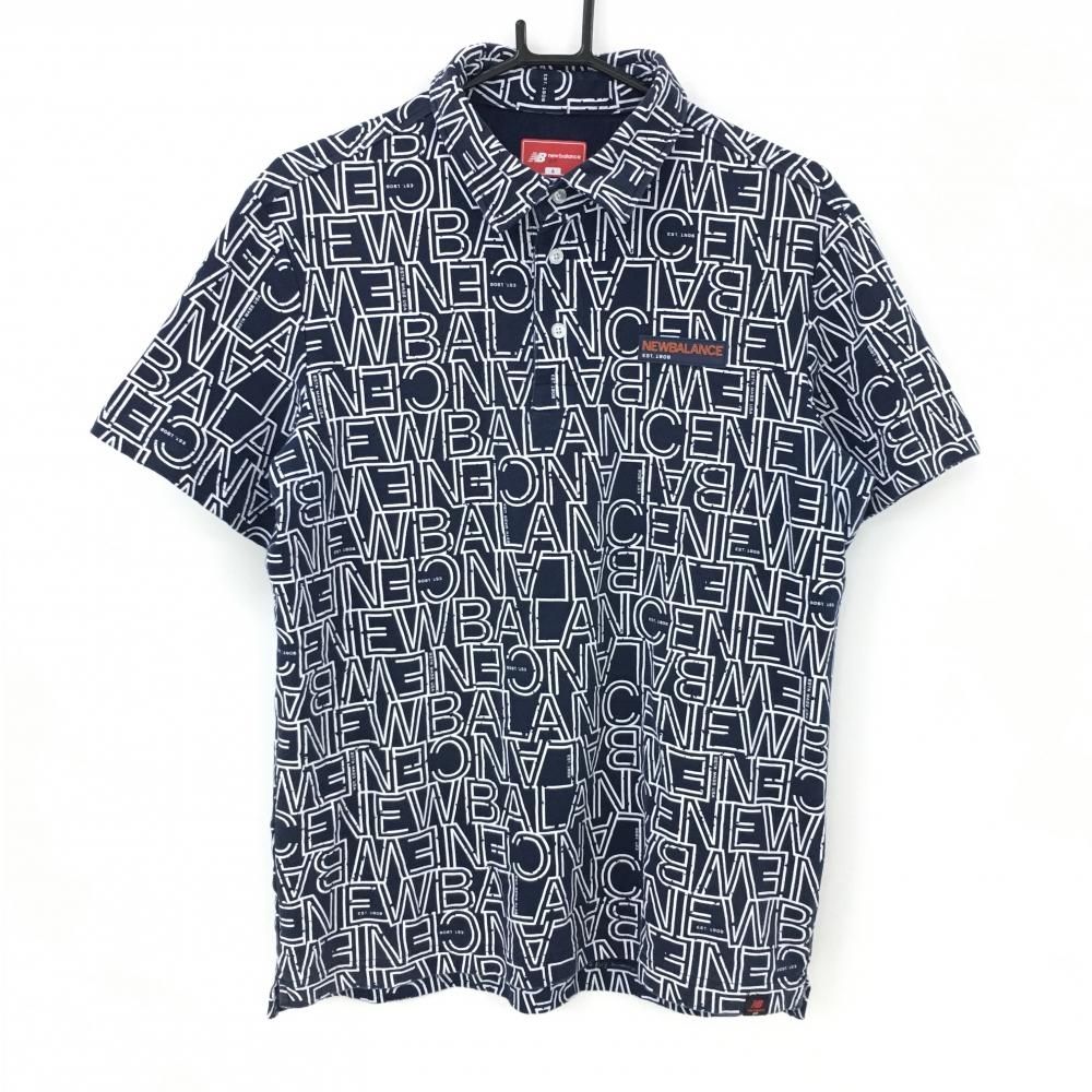 ニューバランスゴルフ 半袖ポロシャツ ネイビー×白 英字総柄  メンズ 6(XL) ゴルフウェア New Balance