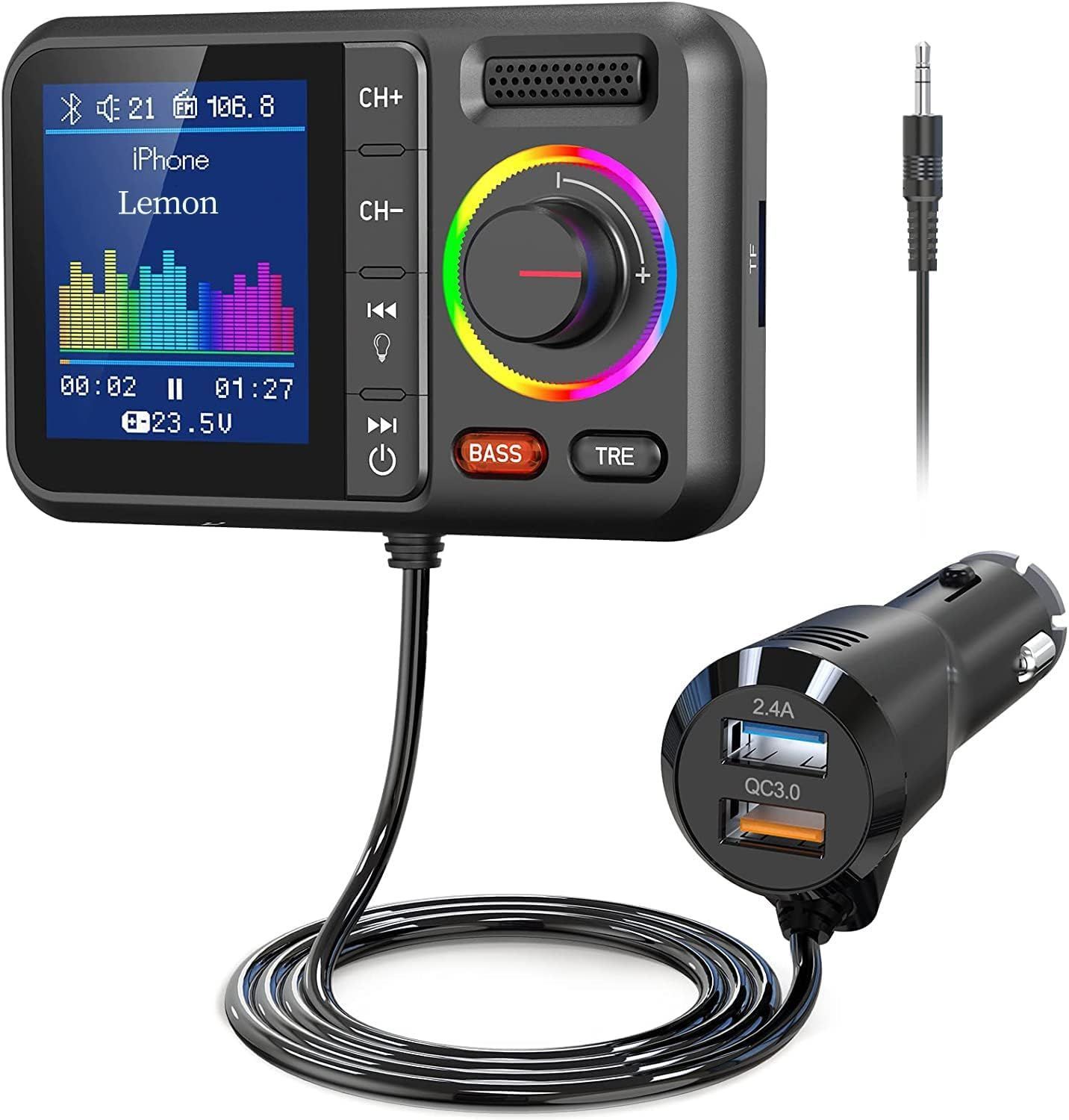 FMトランスミッター Bluetooth5.0 QC3.0急速充電 2USBポート Siri Voice Assistant 車載充電器 AUX有線接続 USBメモリ|microSDカードに対応 4つ音楽再生モード 12V-24V車対応 ハンズフリー通話