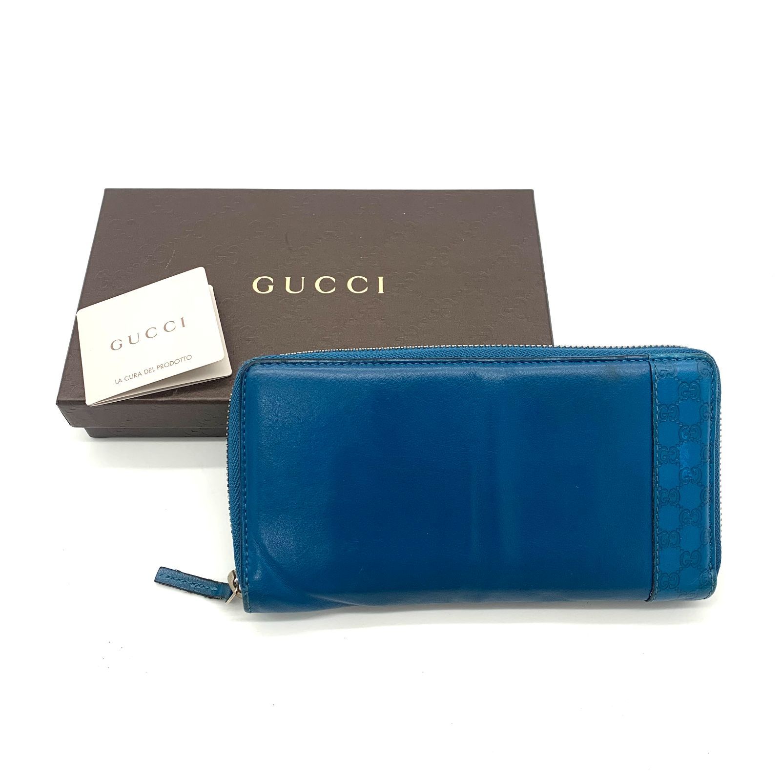 ▽GUCCI/グッチ ラウンドファスナー 長財布 牛革 ブルー系 236439 箱