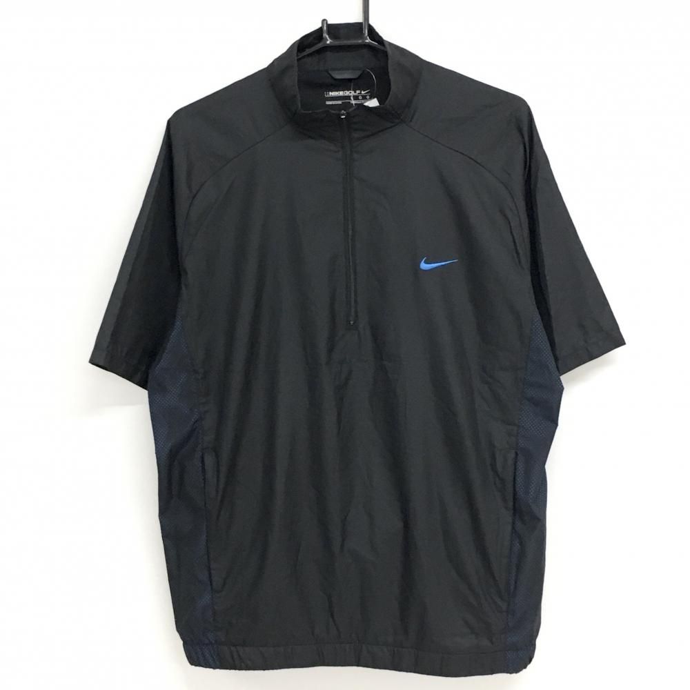 【美品】ナイキ 半袖ブルゾン 黒×ブルー ハーフジップ ロゴ刺しゅう メンズ L ゴルフウェア NIKE