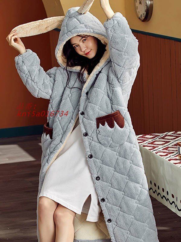ルームウェア もこもこ パジャマ 冬 長袖 ナイトガウン 着る毛布 レディース 前開き 寝巻き 大人用 暖かい ガウン あったか 女性用 部屋着 フード付き kni5a016734 DECORATOM_COM_BR