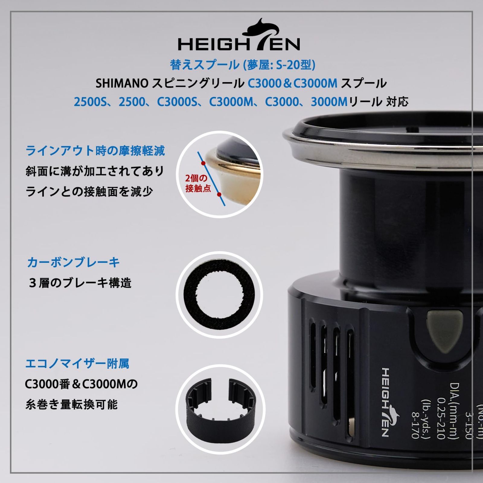 新品 HEIGHTEN リール スプール 深溝 夢屋S-20型 C3000 替え