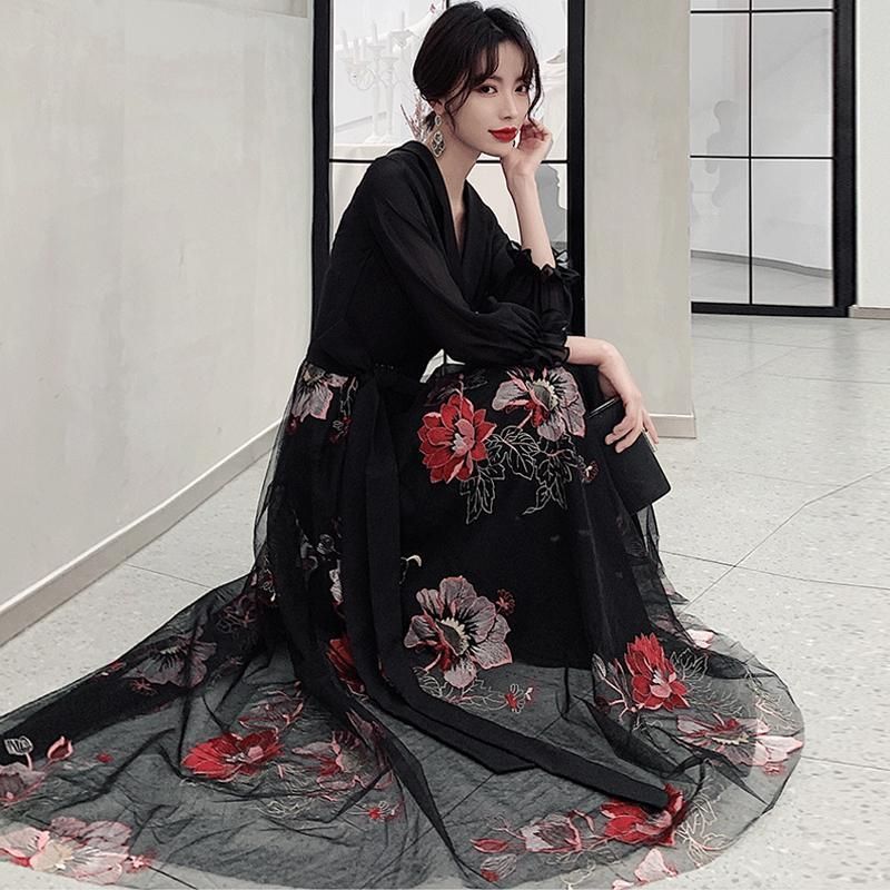 ブ 演奏会 発表会 カクテルドレス フォーマルドレス Vネック 長袖 花柄 黒 Aラインドレス イブニングドレス パーティードレス ドレス