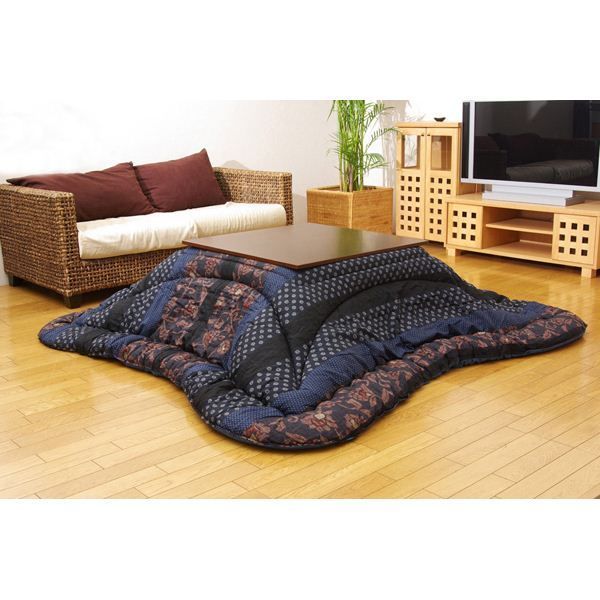日本製 こたつ布団 こたつ厚掛け布団 単品 和柄 正方形 ブルー 約205×205cm 代引不可