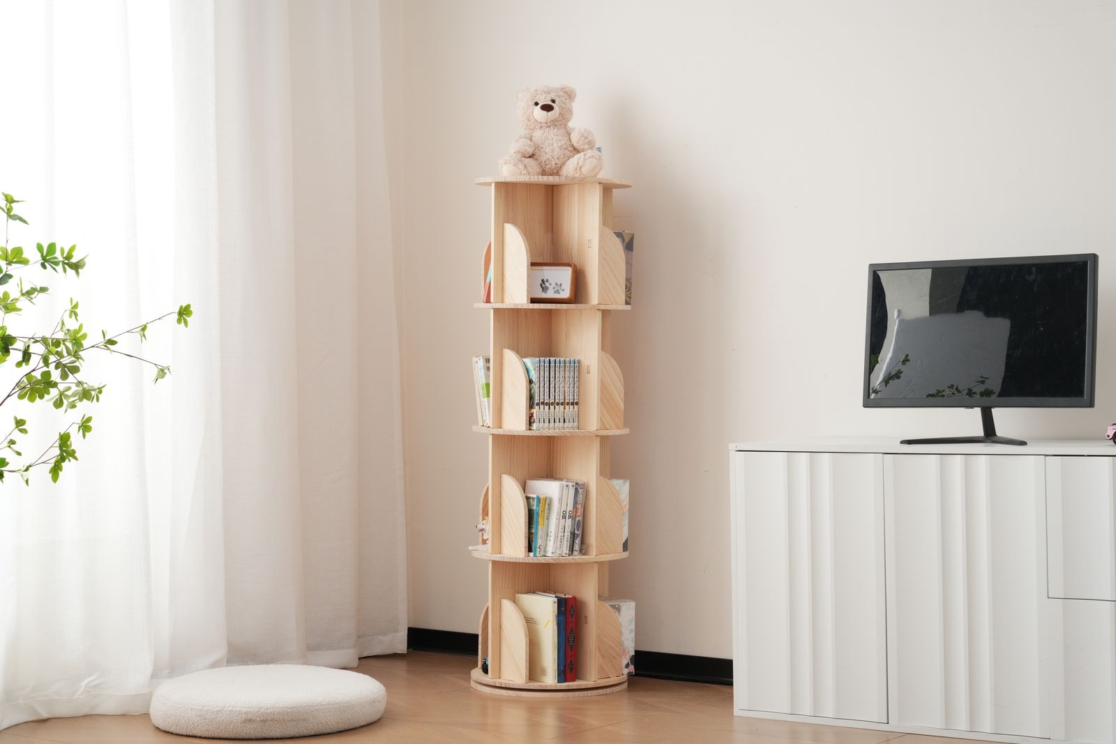 【新品】 4段-回転盤タイプ無垢材 回転式本棚 飾り棚 絵本棚 360°回転本棚 4段-回転盤タイプ】無垢材 回転式本棚 飾り棚 絵本棚 360°回転本棚