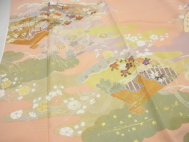 平和屋着物□極上 創業460年・千總 色留袖 駒刺繍 檜扇御所車草花文