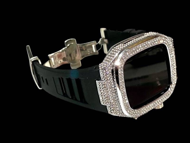 アップルウォッチケース 互換性カスタム カバー 保護 ギフト AppleWatch42 44 45 46 キラキラ ベルト レザー バンド series 4|5|6|7|8|9|10|11 se1|2|3 ブラック