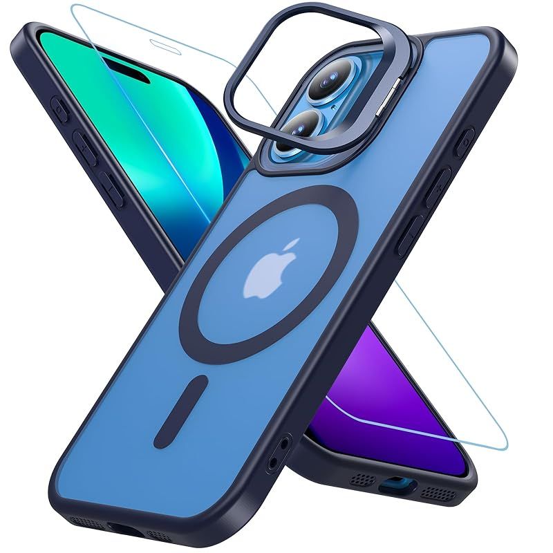 iPhone 16 ケース アイフォン16 ケース BESINPO [ガラスフィルム付き・MagSafe対応・スタンド機能] 縦横両対応 半透明 ストラップホール iphone16 ケース 黄ばみなし 指紋防止 いphone16 ケース 米軍MIL規