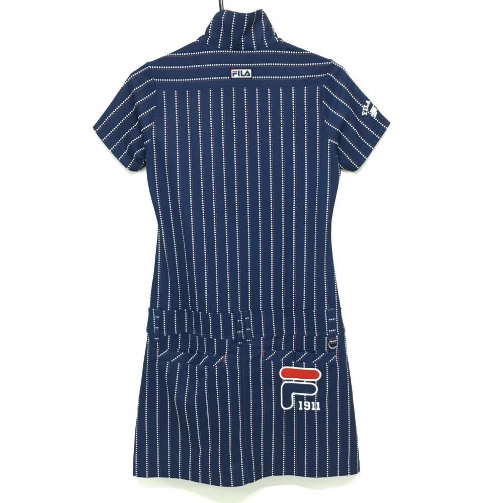 【超美品】フィラゴルフ 半袖ハイネックワンピース ネイビー×白 スクエアドット柄ストライプ 星柄 レディース M ゴルフウェア FILA GOLF