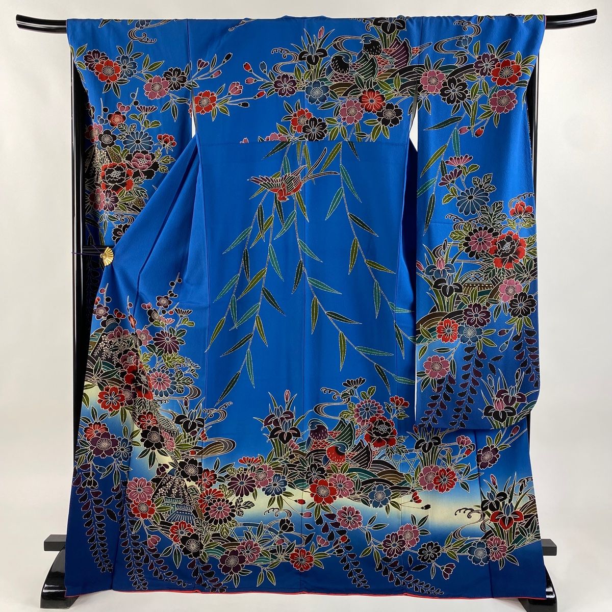 振袖 身丈172cm 裄丈69cm L 袷 牡丹 家屋 ぼかし 縮緬 青 正絹