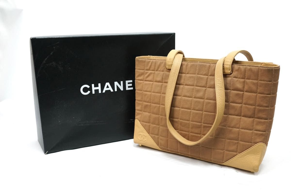 CHANEL Beige Brown Bicolor Shopper Canvas Leather シャネル トート