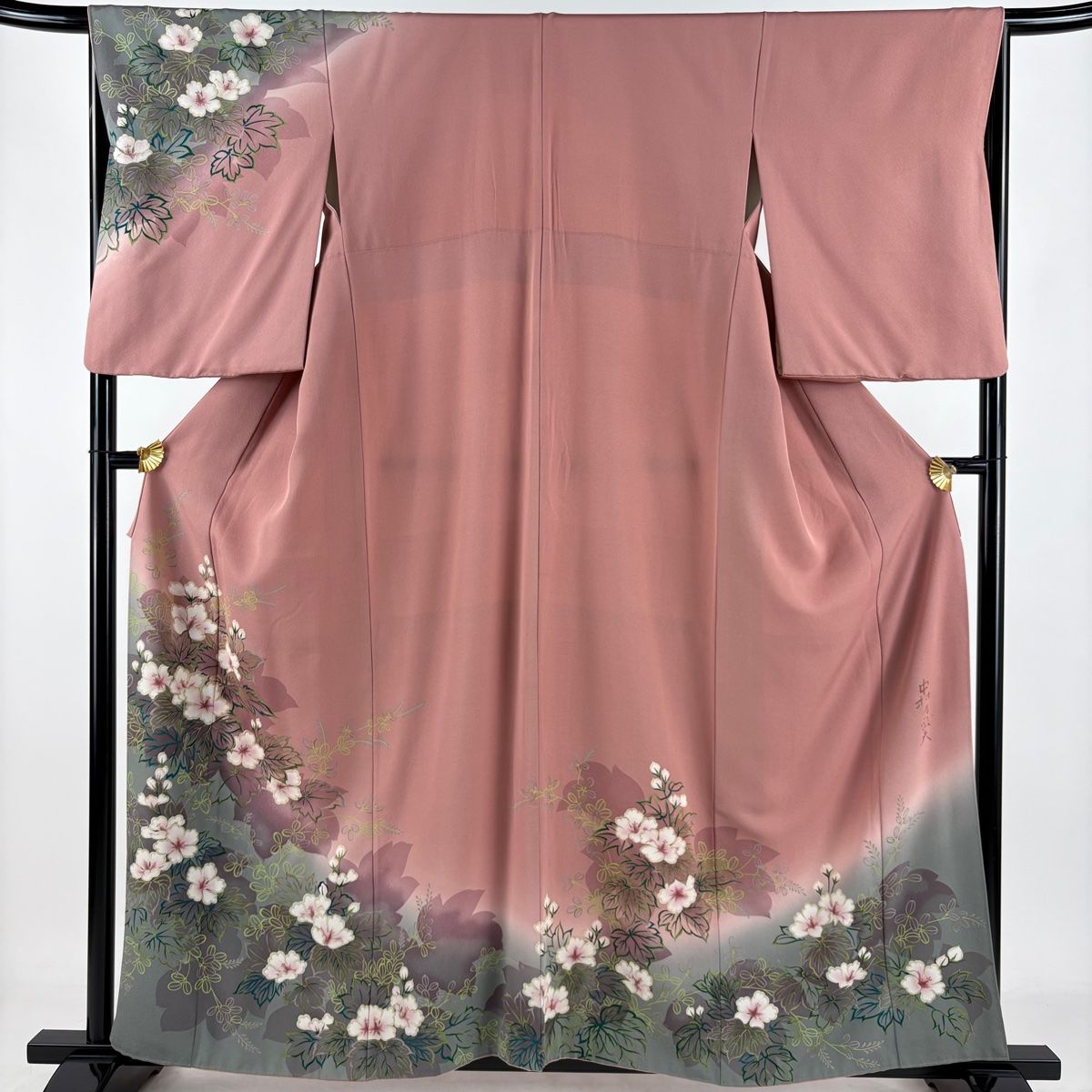 訪問着 身丈158cm 裄丈65.5cm M 袷 中村乃武夫 落款 草花 萩 金彩 ぼかし ピンク 正絹 名品 【】