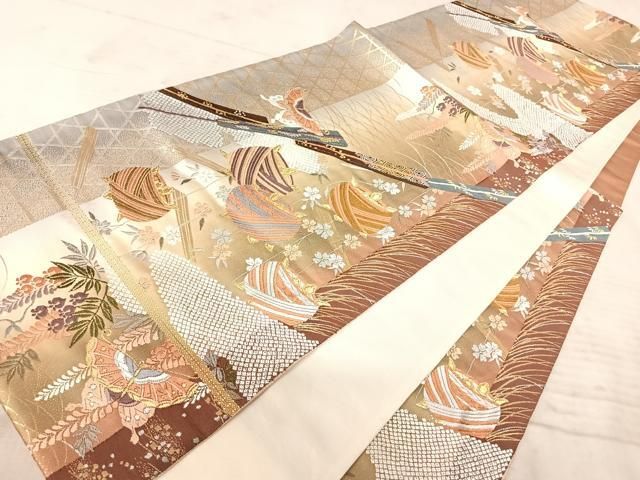 平和屋着物◎六通柄袋帯 唐織 糸巻花蝶文 銀糸 正絹 逸品