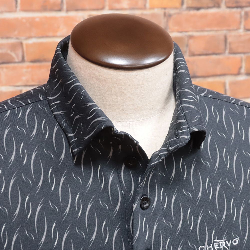 CHERVO 46サイズ ポロシャツ ANTEIL 総柄プリント 吸湿速乾 快適 ゴルフ 長袖 シェルボ 黒 ブラック md126