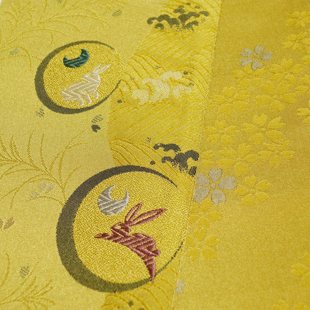 小袋帯 未使用品 月に兎×桜花模様 化繊 両面全通 半幅帯 四寸帯 小袋帯 未使用品 月に兎×桜花模様 化繊 両面全通 半幅帯 四寸帯
