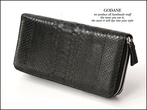 【在庫あ】GODANE パイソン革ラウンドファスナーオーガナイザー /8085cp/マットブラック Wファスナー 長財布（小銭入れあり）