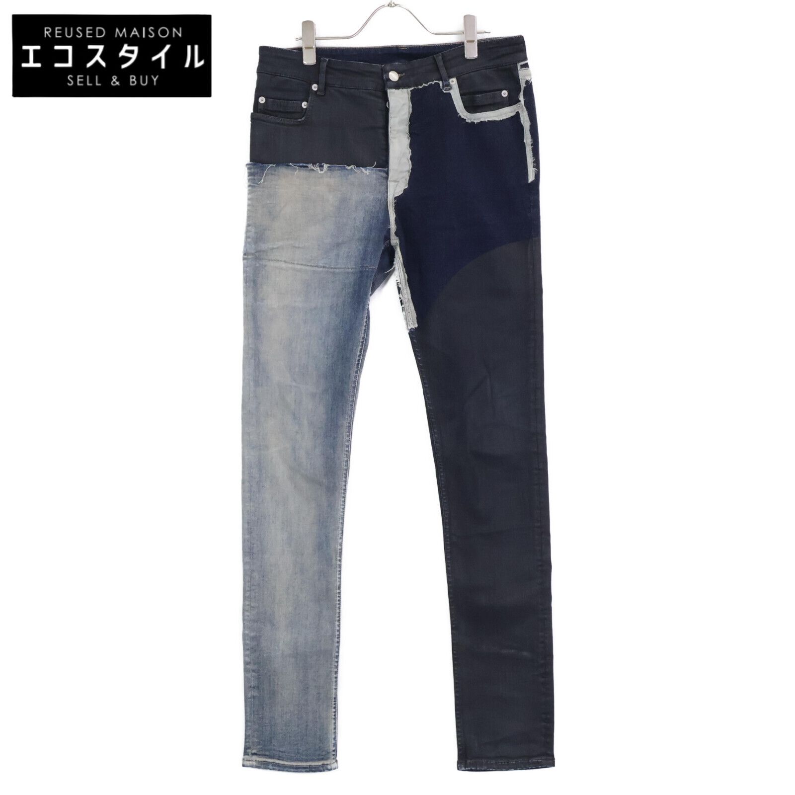 Rick Owens リックオウエンス ﾌﾞﾗｯｸ 19SS Babel Tyrone Jeans ﾀｲﾛﾝ ﾊﾟｯﾁﾜｰｸﾚｻﾞｰﾃﾞﾆﾑｽｷﾆｰﾊﾟﾝﾂ 33