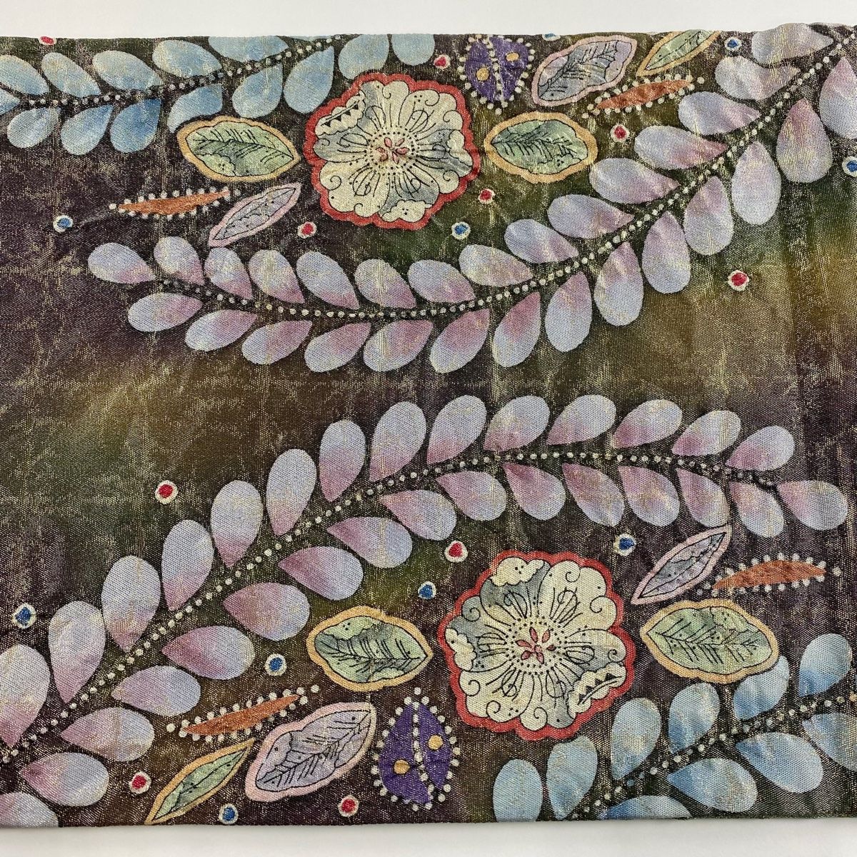 袋帯 美品 名品 落款 辻が花 箔 銀糸 緑 お太鼓柄 正絹 【中古