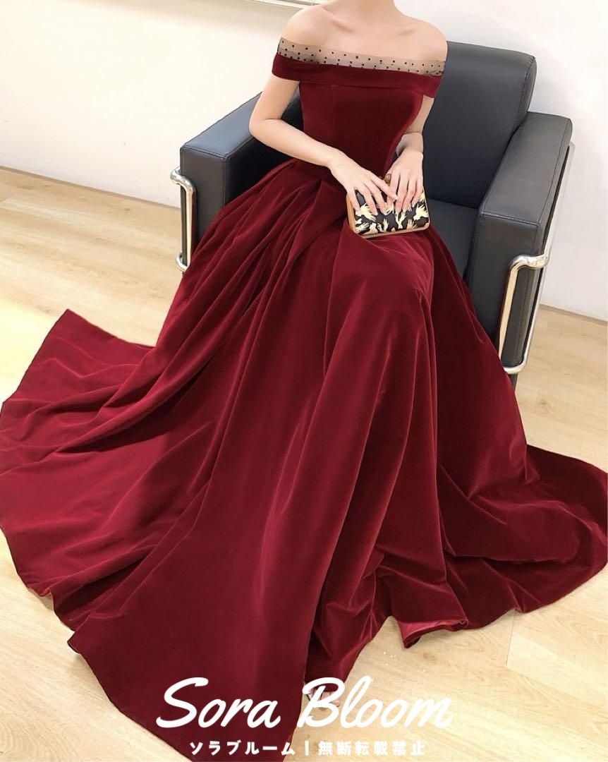 ドットのレースがオシャレ オフショル ロングイブニングドレス ドットのレースがオシャレ オフショル ロングイブニングドレス
