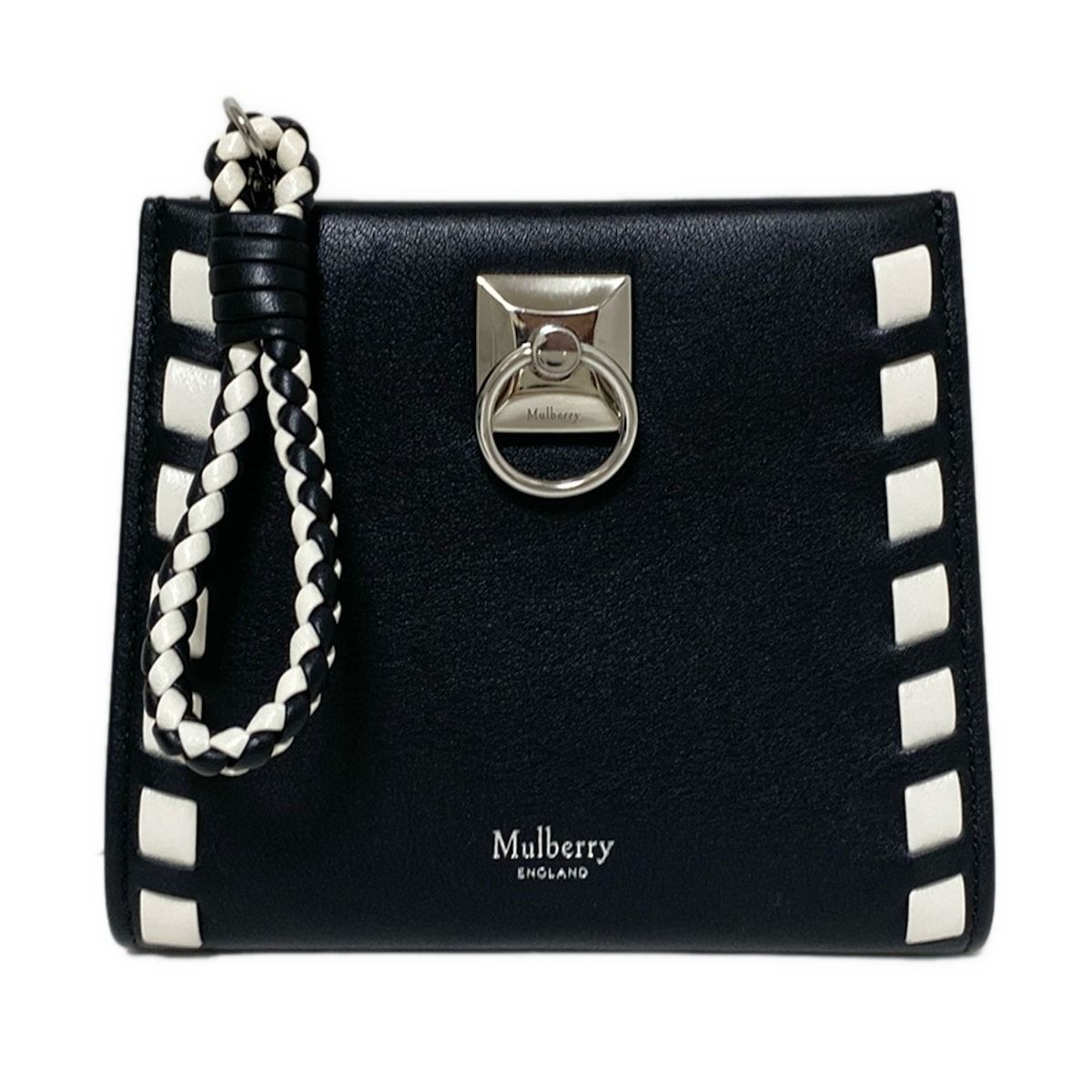 MULBERRY マルベリー コインケース アイリス ジップアラウンド 黒×白 編み込み L字ファスナー レザー